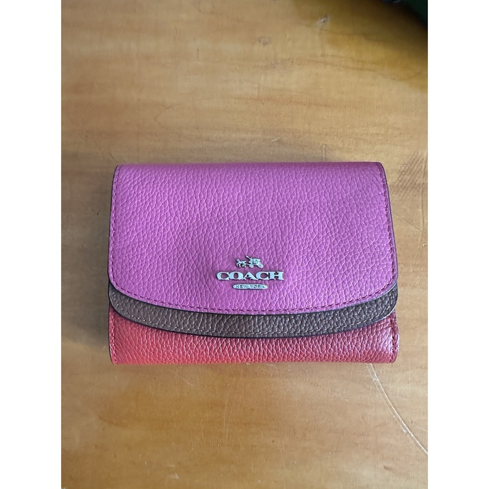 Coach COLORBLOCK Pebble Leather Small Double Flap WALLET 53852 Pink Multi - READ